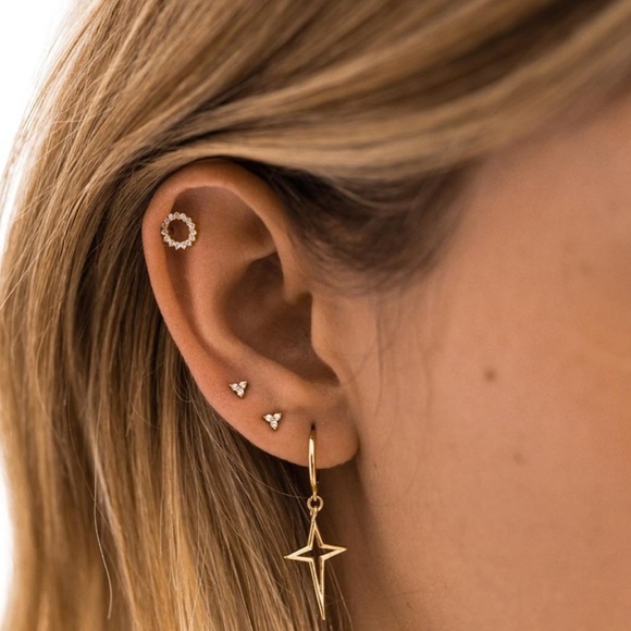 Sterling Silver Hinged Hoop 4 Point Star Cross Drop Hoop Earrings - Picture 5 of 6